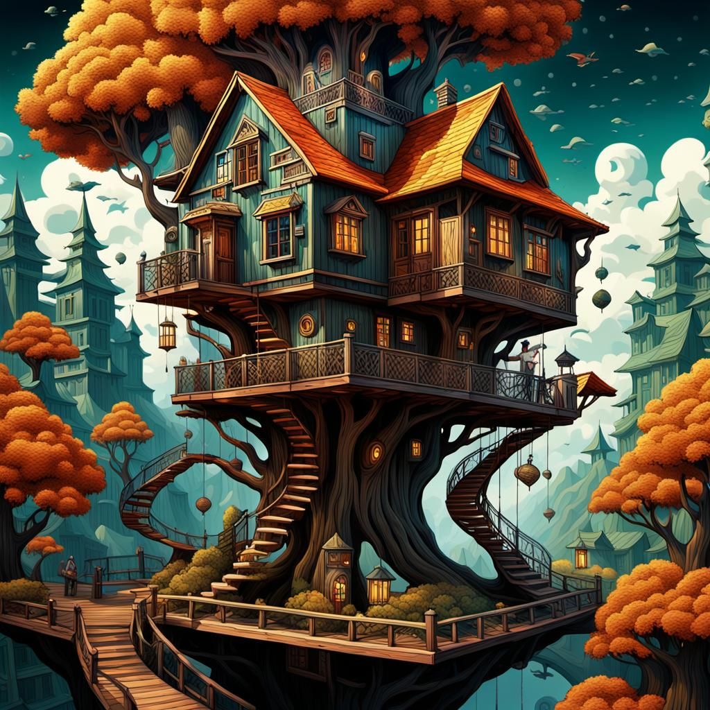 Escher's style unique piece of art, It features an unusual treehouse ...