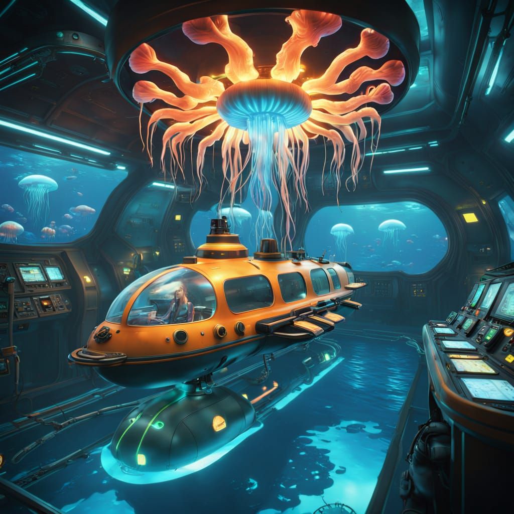 Retro-Futuristic Submarine Control Room in Vibrant Biolumine...