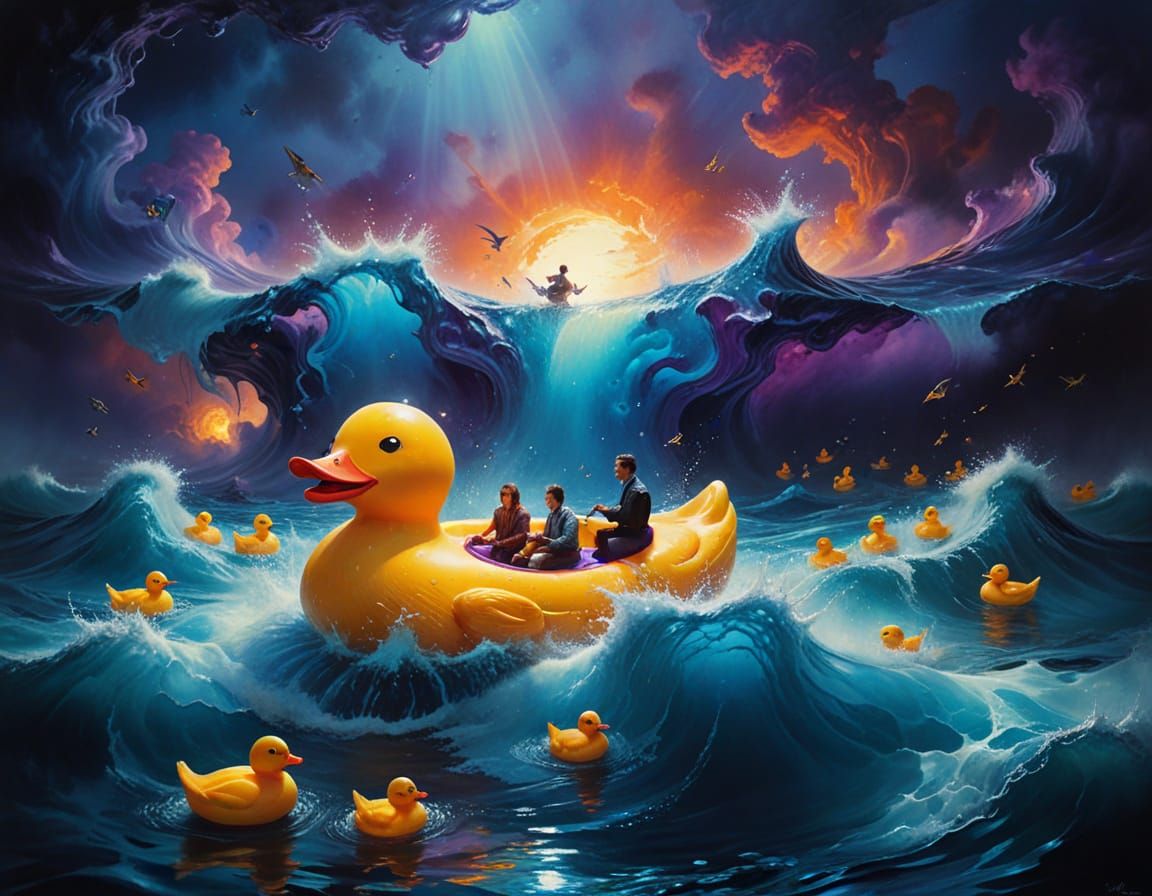 Dreamlike Rubber Duck Voyage in Vibrant Astral Colors