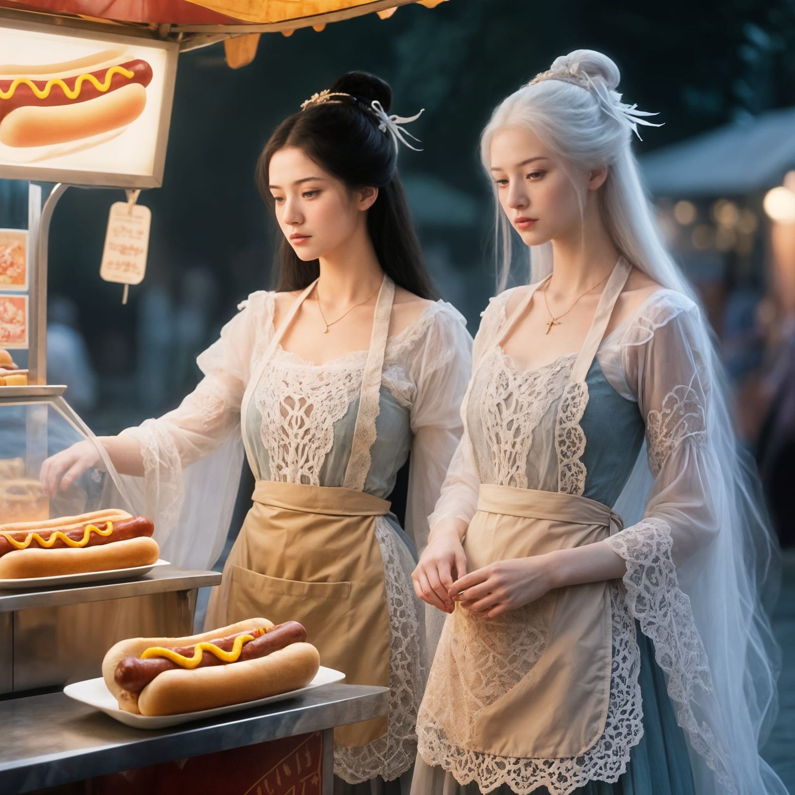 Ethereal Immortals Serve Hotdogs in Pre-Raphaelite Photo