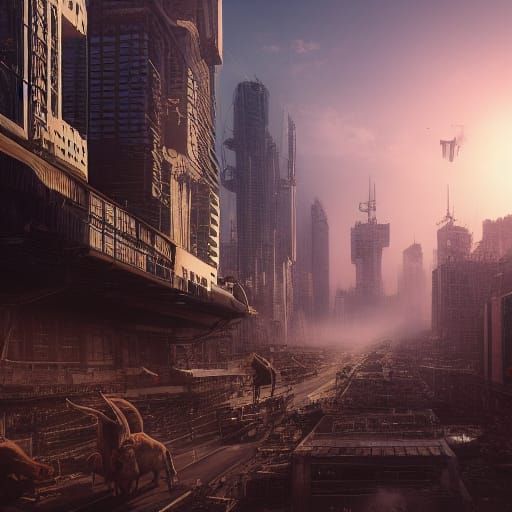 Detailed Cattlepunk City Landscape in Hyperrealism