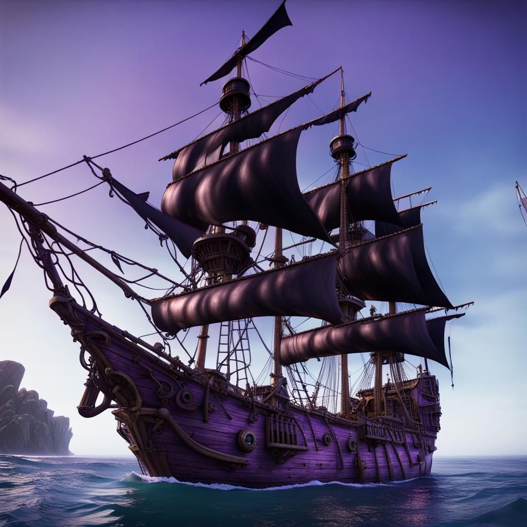 Purple Pirate Ship with Black Sails in 3D