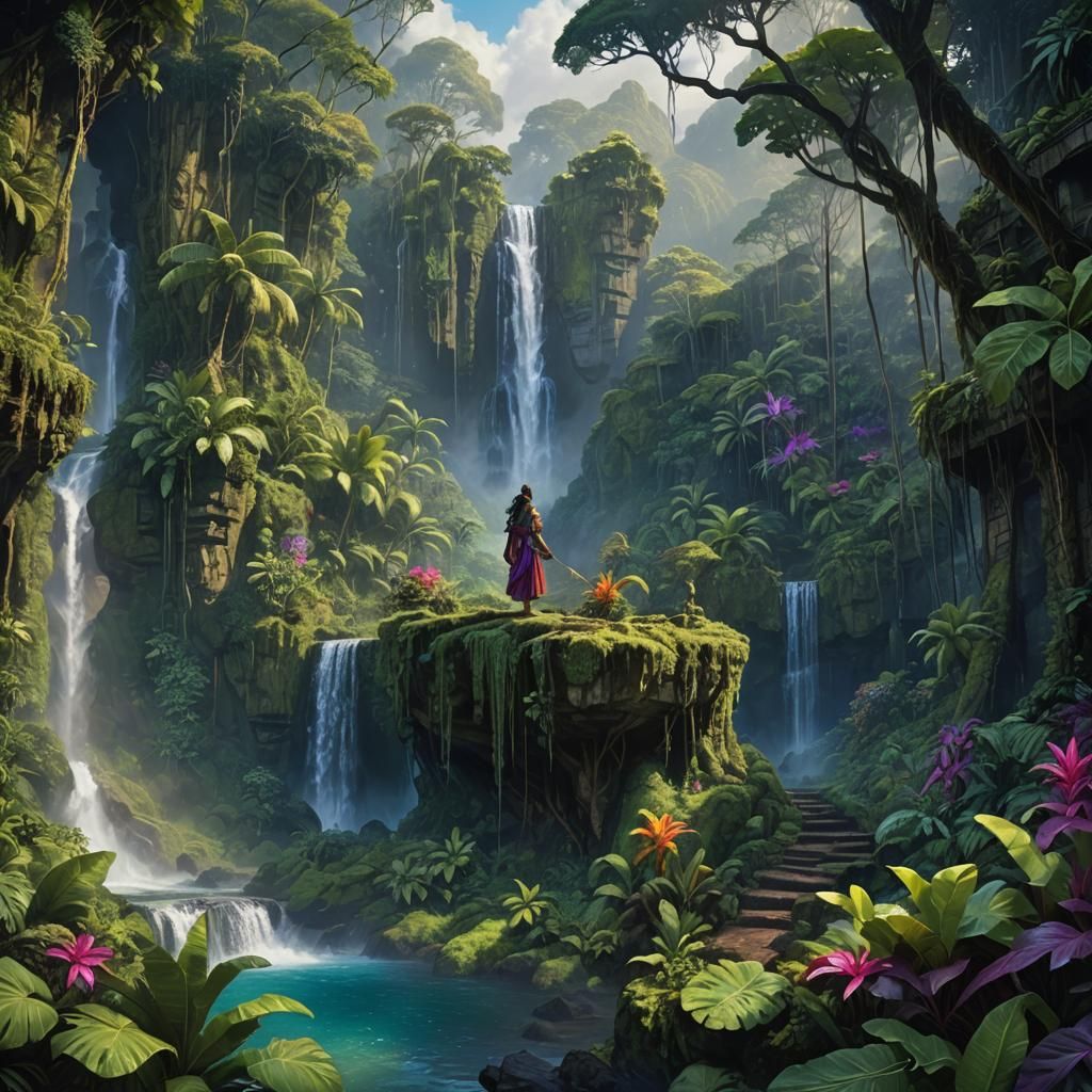 Hawaiian Huna in Glowing Jungle: Oil Painting