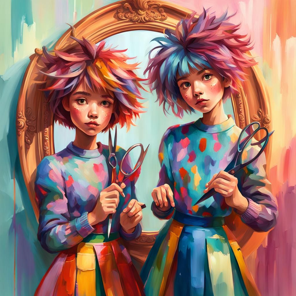 Sisters' Mischievous Haircuts in Stylized Digital Painting