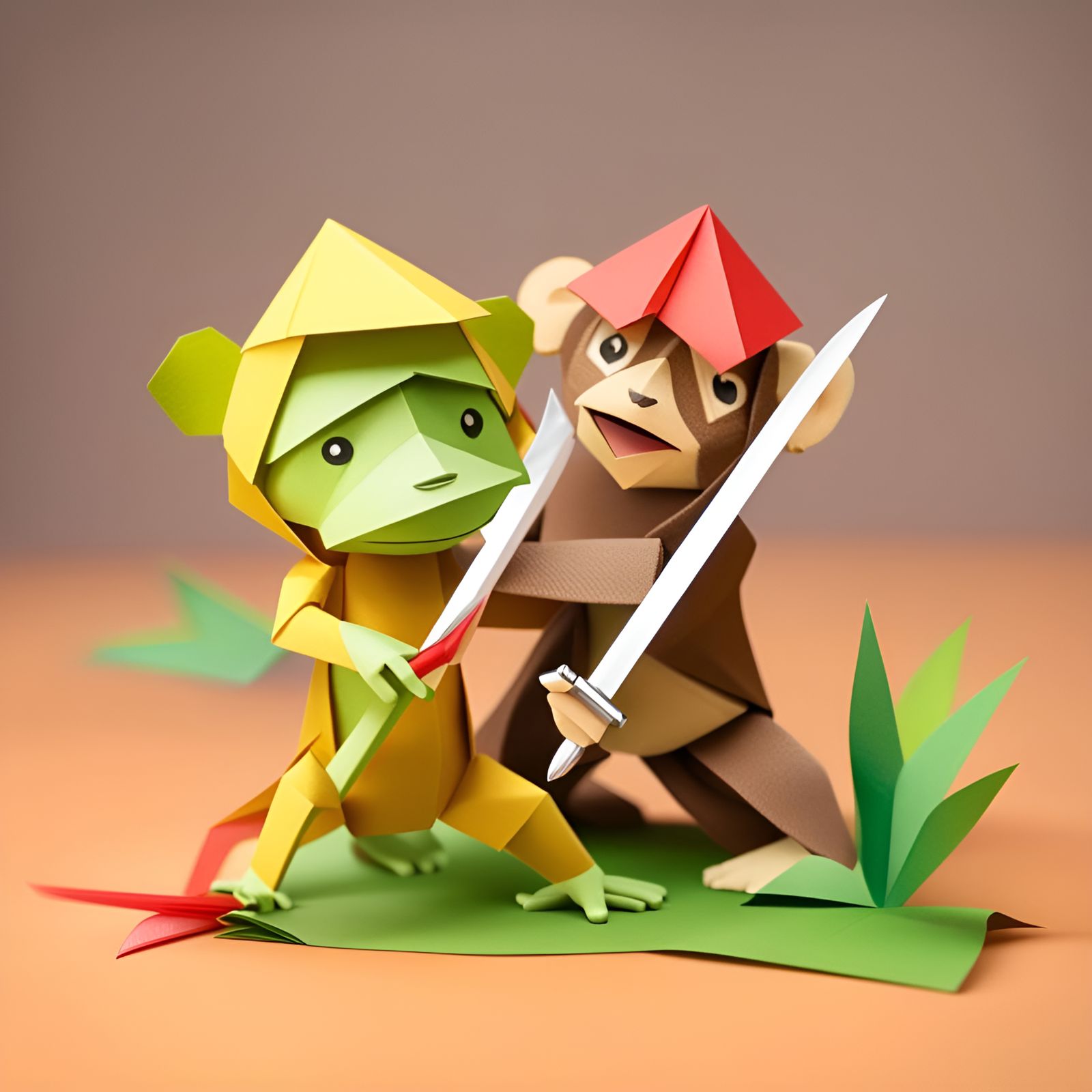 Monkey and Frog Sword Fight in Origami Style
