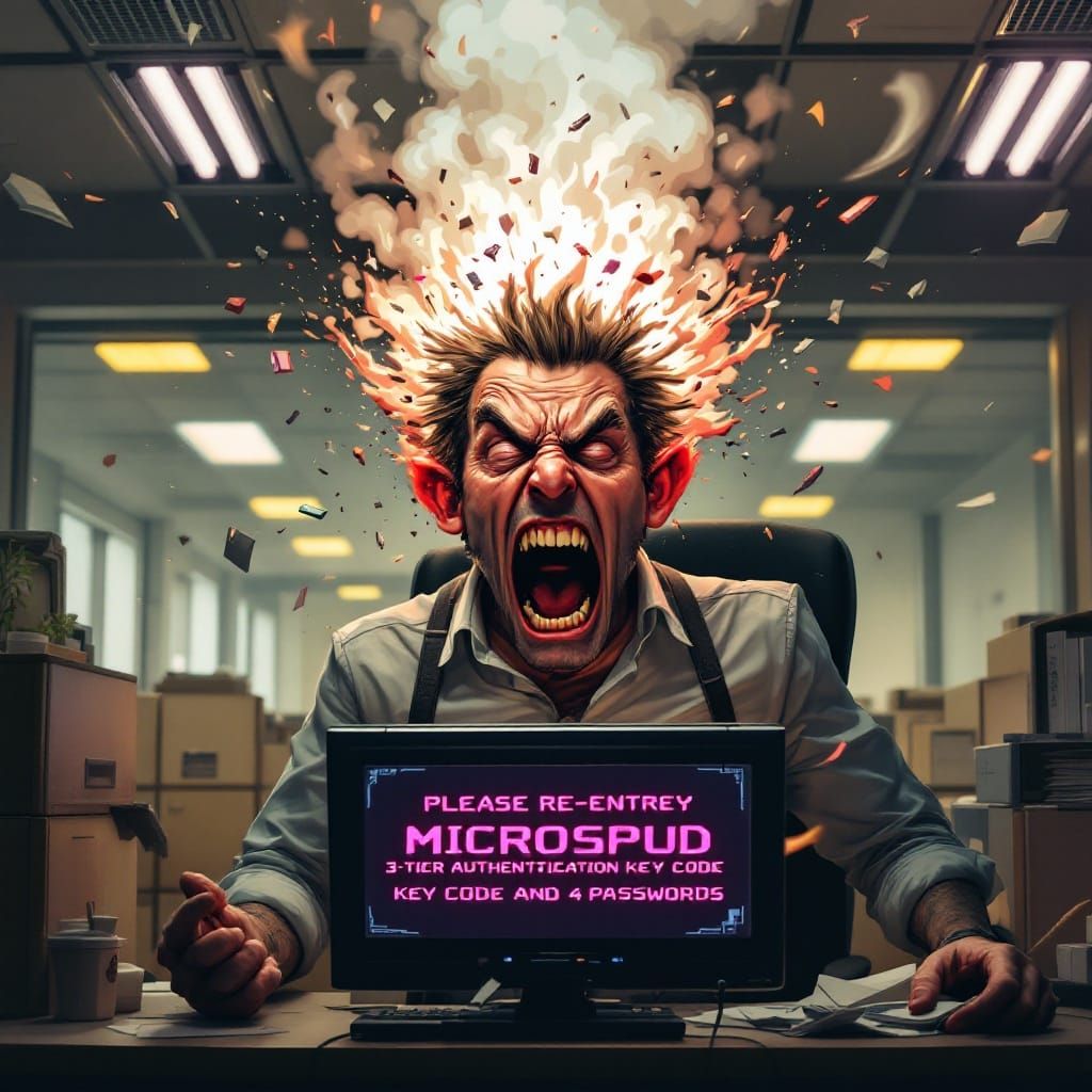 Frazzled Office Worker in a Cyberpunk Corporate Nightmare