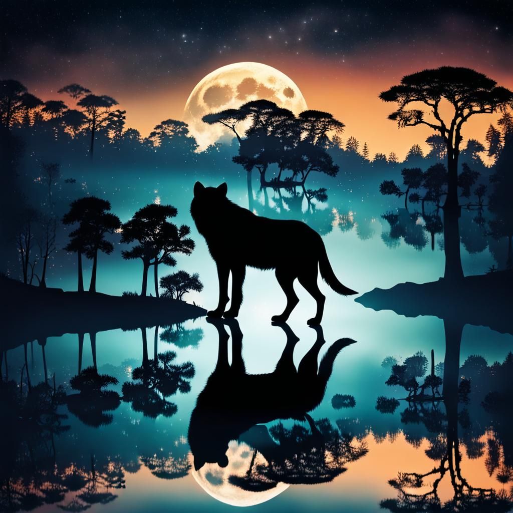 Wolf Silhouette in Double Exposure Landscape