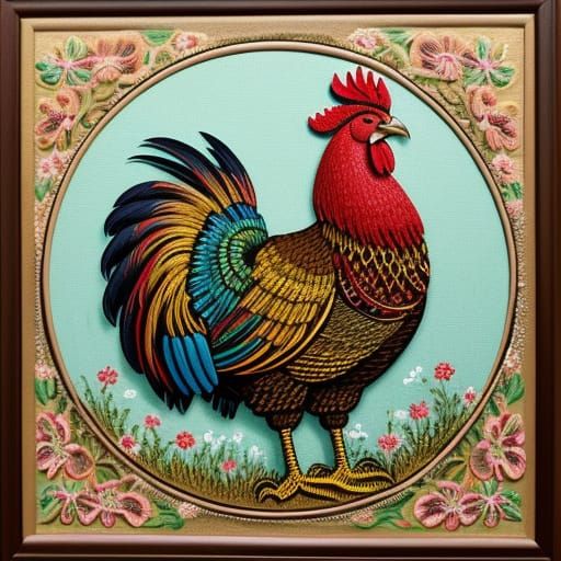 Naive Folk Art Rooster Crowing Portrait