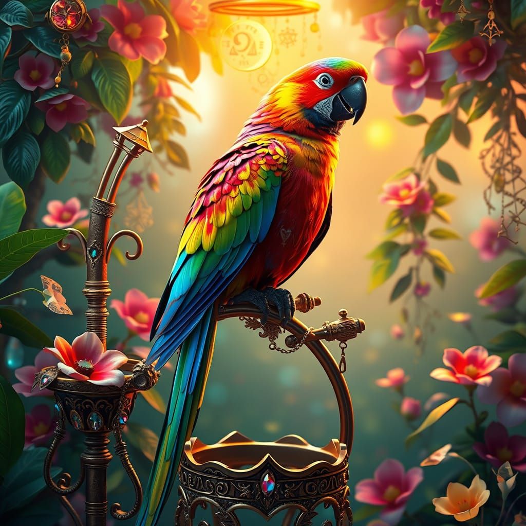 Whimsical Parrot Amidst Mystical Lushness