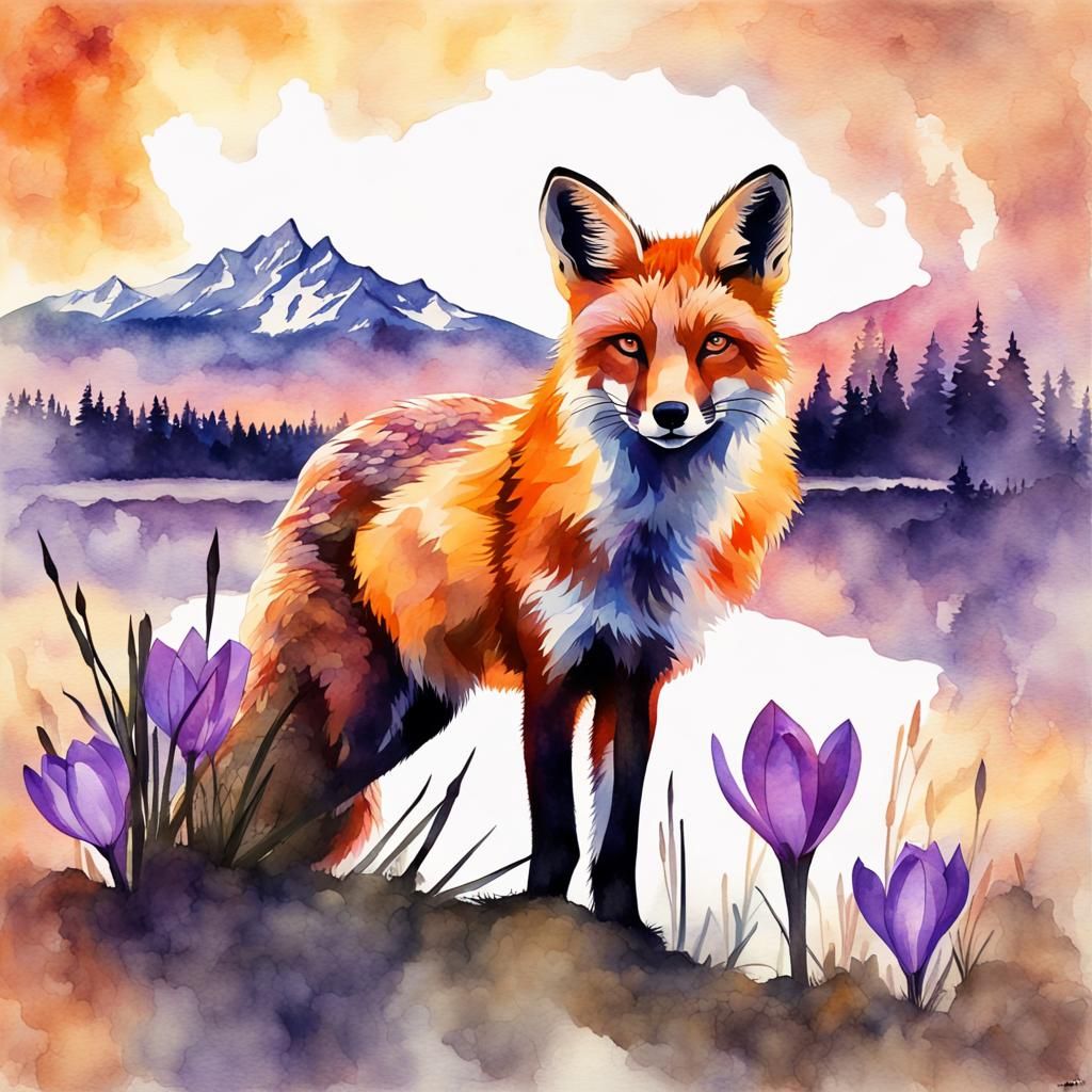 Fox Silhouette Portrait in Watercolor Gouache Style