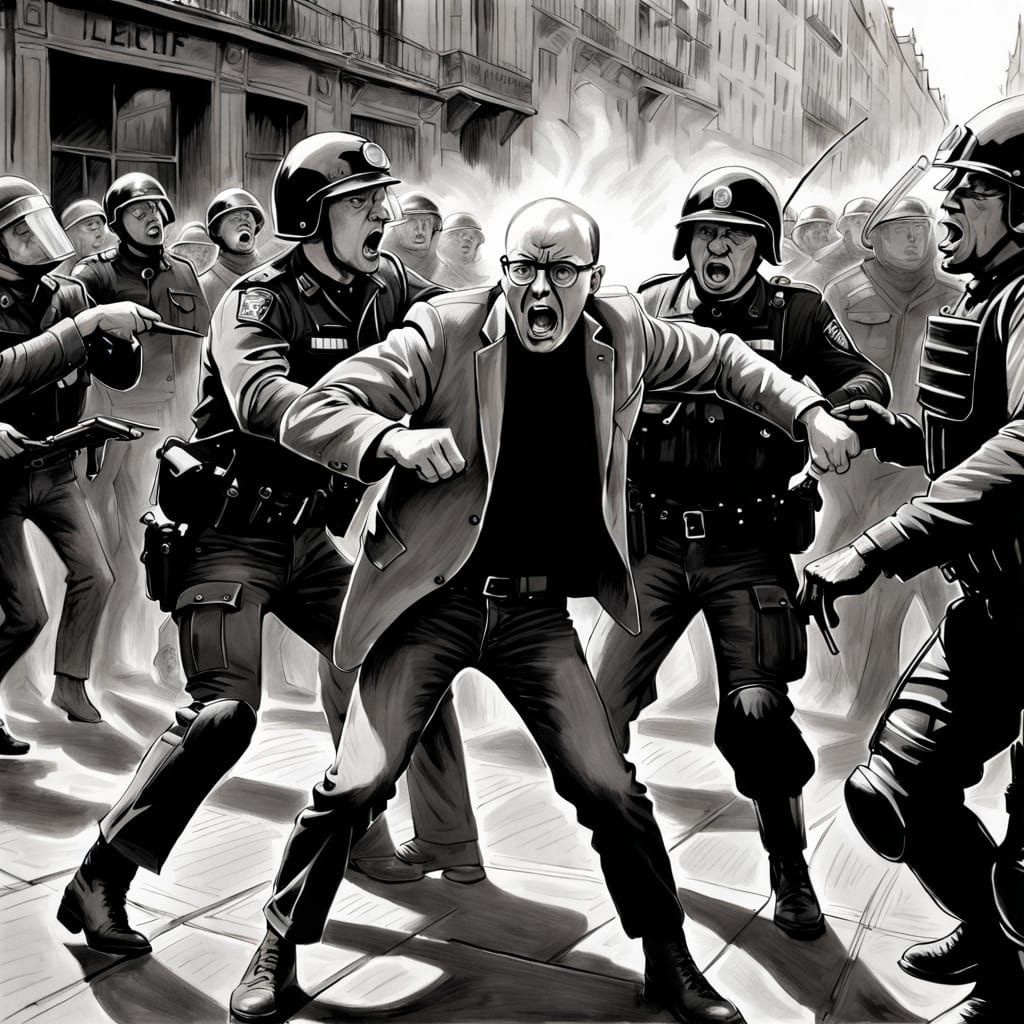 A Defiant Protester Yells at Riot Police in Graffiti-Inspire...