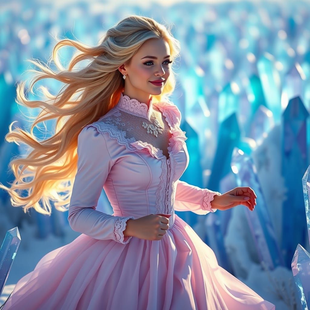 Victorian Woman in Snowy Crystal Field, Dreamscape