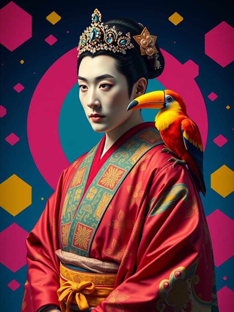 Kabuki Actor in Vibrant Art Deco Portrait with Exotic Bird