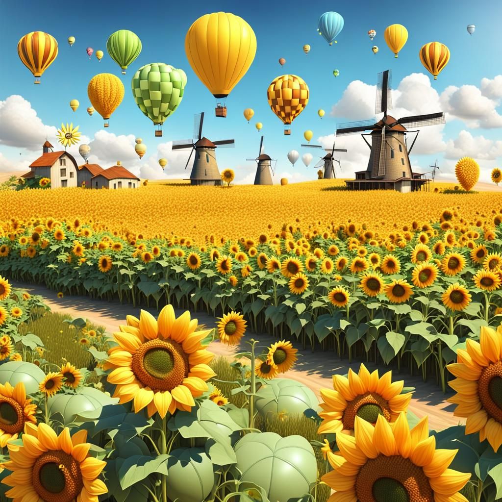 Fairytale 3D Landscape with Sunflowers and Windmills