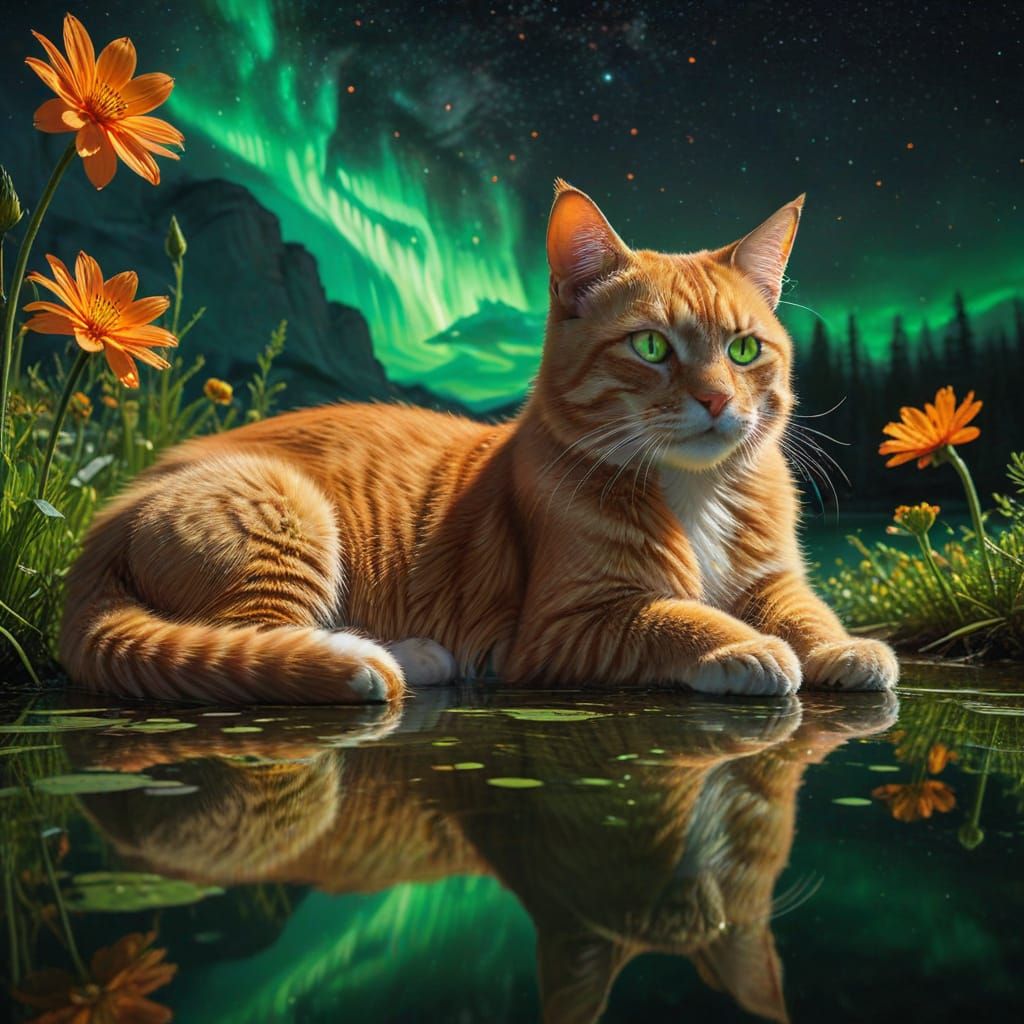 Ginger Cat Lounging Under Neon Aurora Borealis