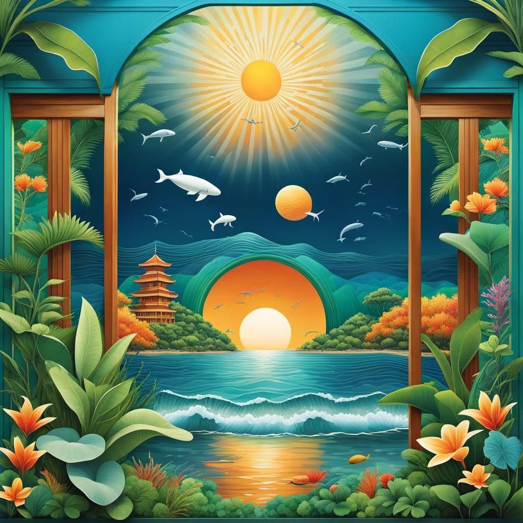 Harmonious City and Sea with Dugongs in Art Deco