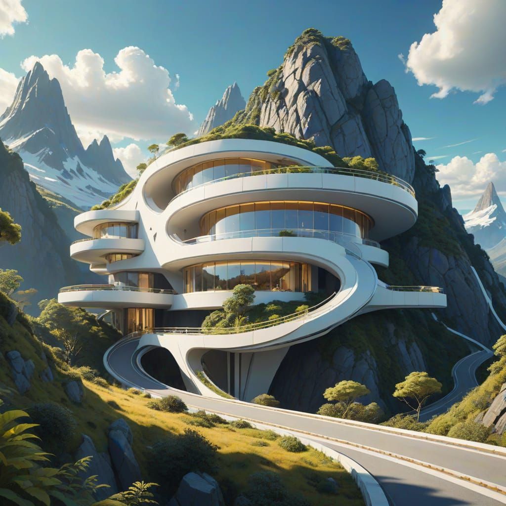 Futuristic Mountain Structure with Golden Accents