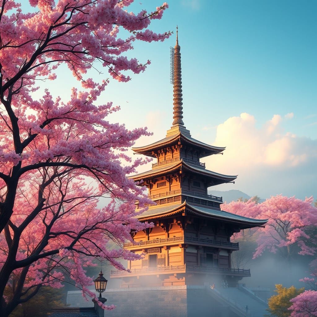 Surreal Cherry Blossom Pagoda in Traditional Japanese Style