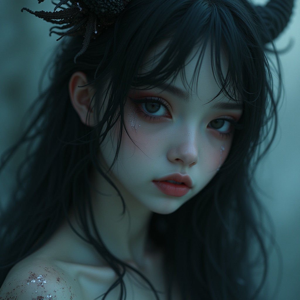 Ethereal Portrait with Flowing Hair and Haunting Elegance