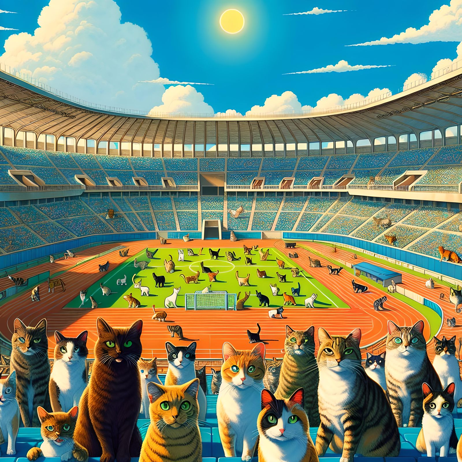 Cats Dominate Abandoned Stadium: Japanese Illustration Style