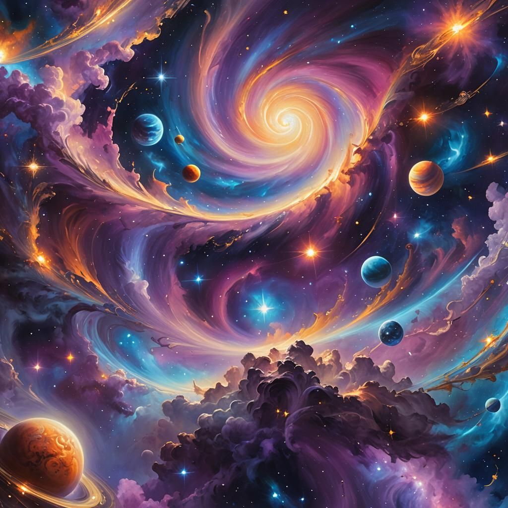 Fantastical Starry Landscape in Vibrant Oil Painting Style