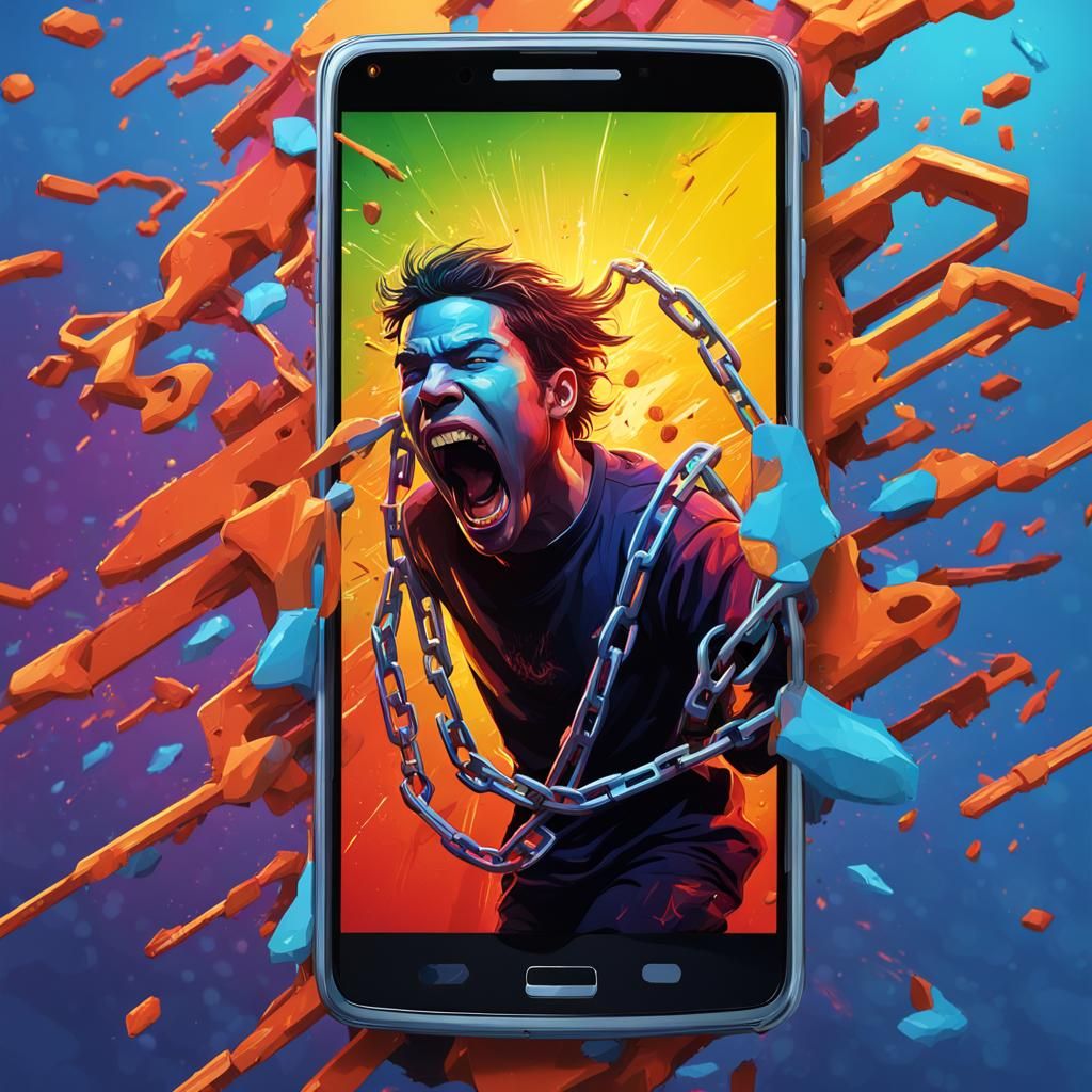 Teenager Chained to Giant Smartphone: Hyperrealistic Concept...