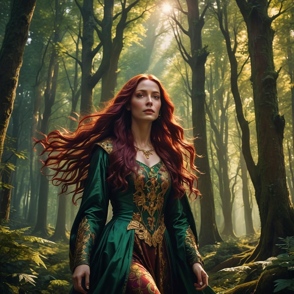 Majestic Woman in Forest: Fantasy Concept Art