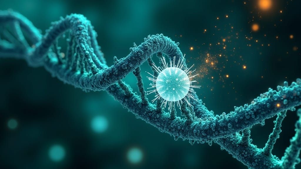 Glowing DNA Strands and Cells in a Digital Art Style