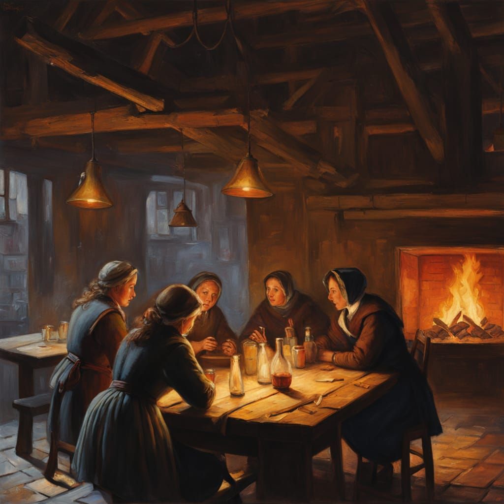 Dutch Masters Oil Painting: Woman Views Cozy Tavern