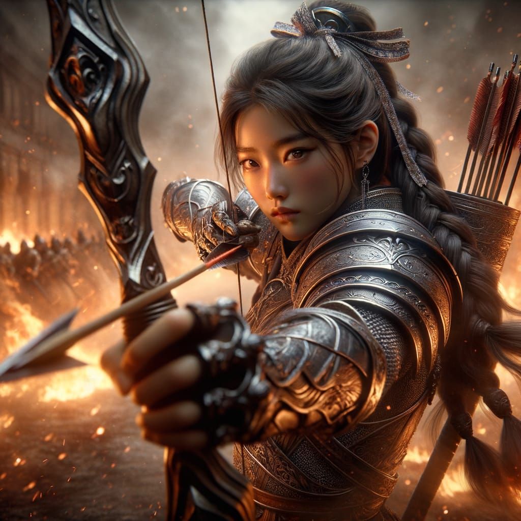 Armored Asian Warrior Draws Bow in Fiery Battlefield