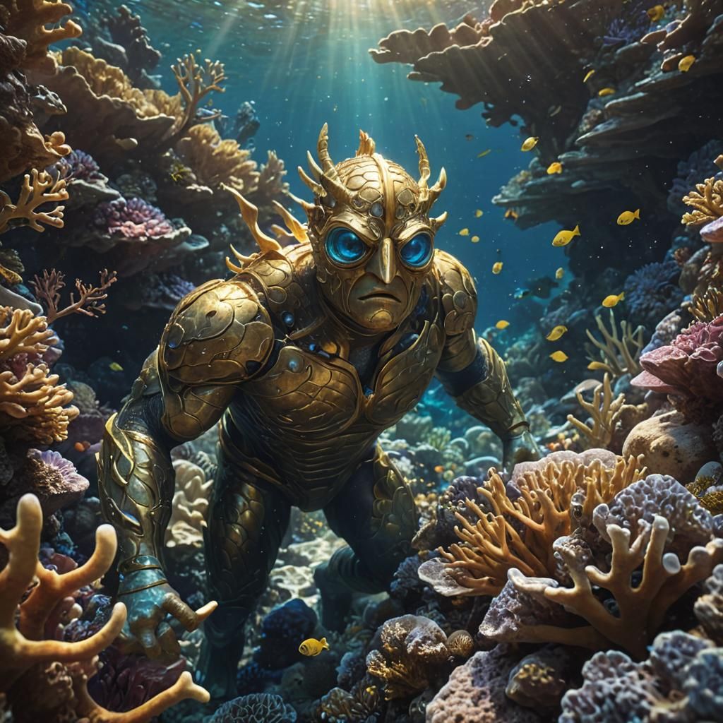 Golden Cyclops in Coral Reef: Hellenistic Digital Art