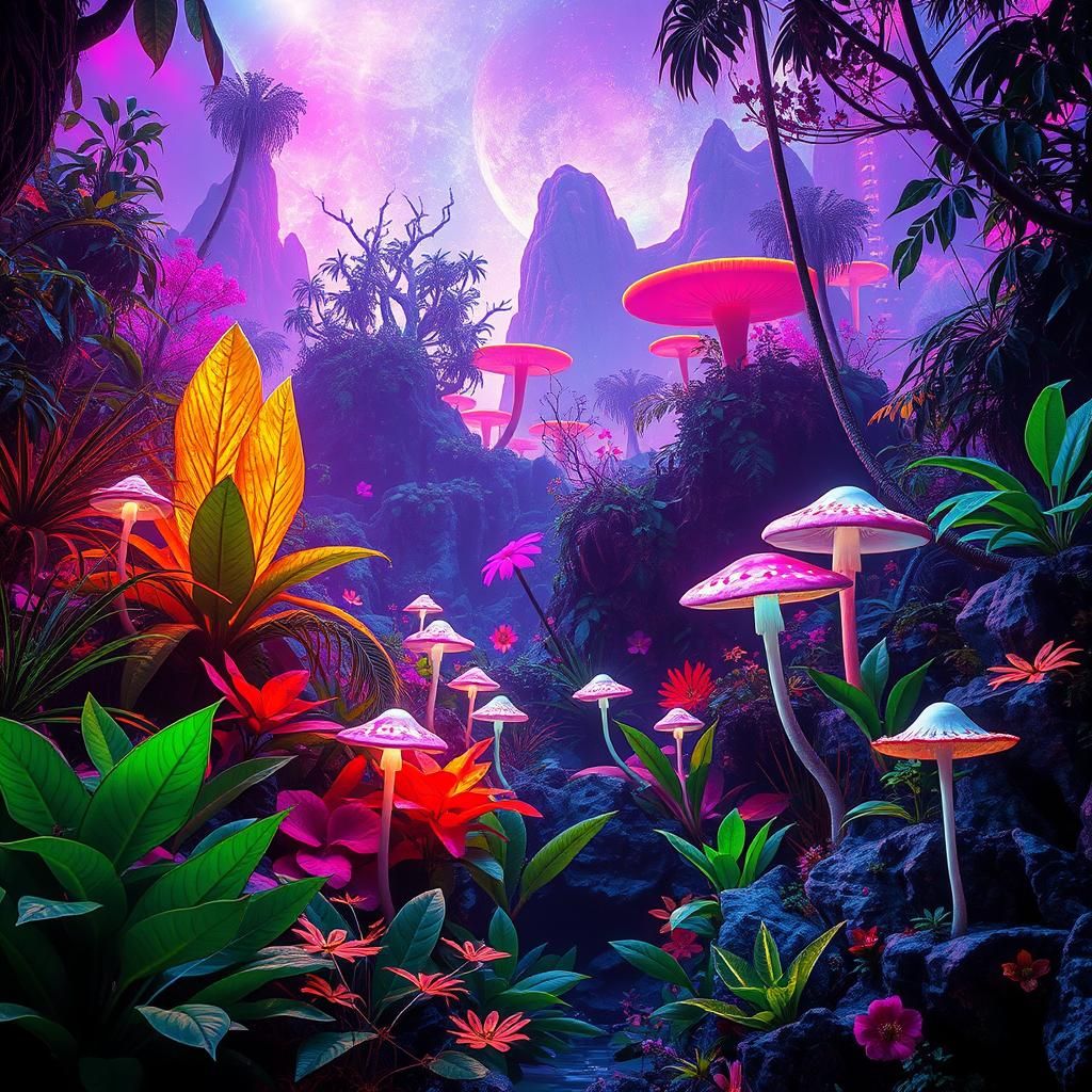 Fluorescent Jungle Dreamscape in Surrealist Style