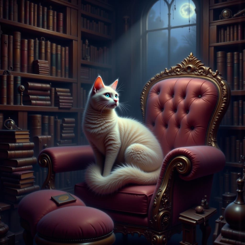 Regal Siamese Cat on Velvet Armchair in Moonlit Library