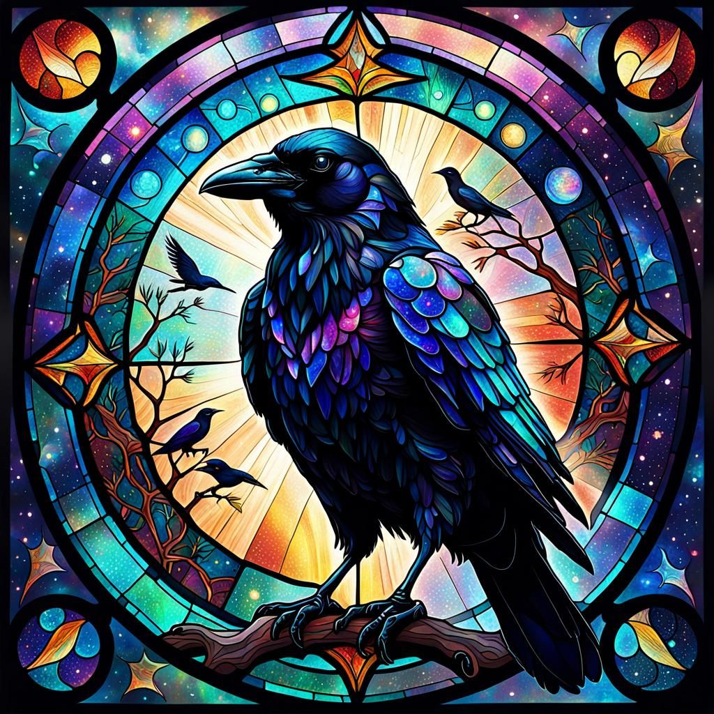 Stained Glass Crow in Holographic Astral Style