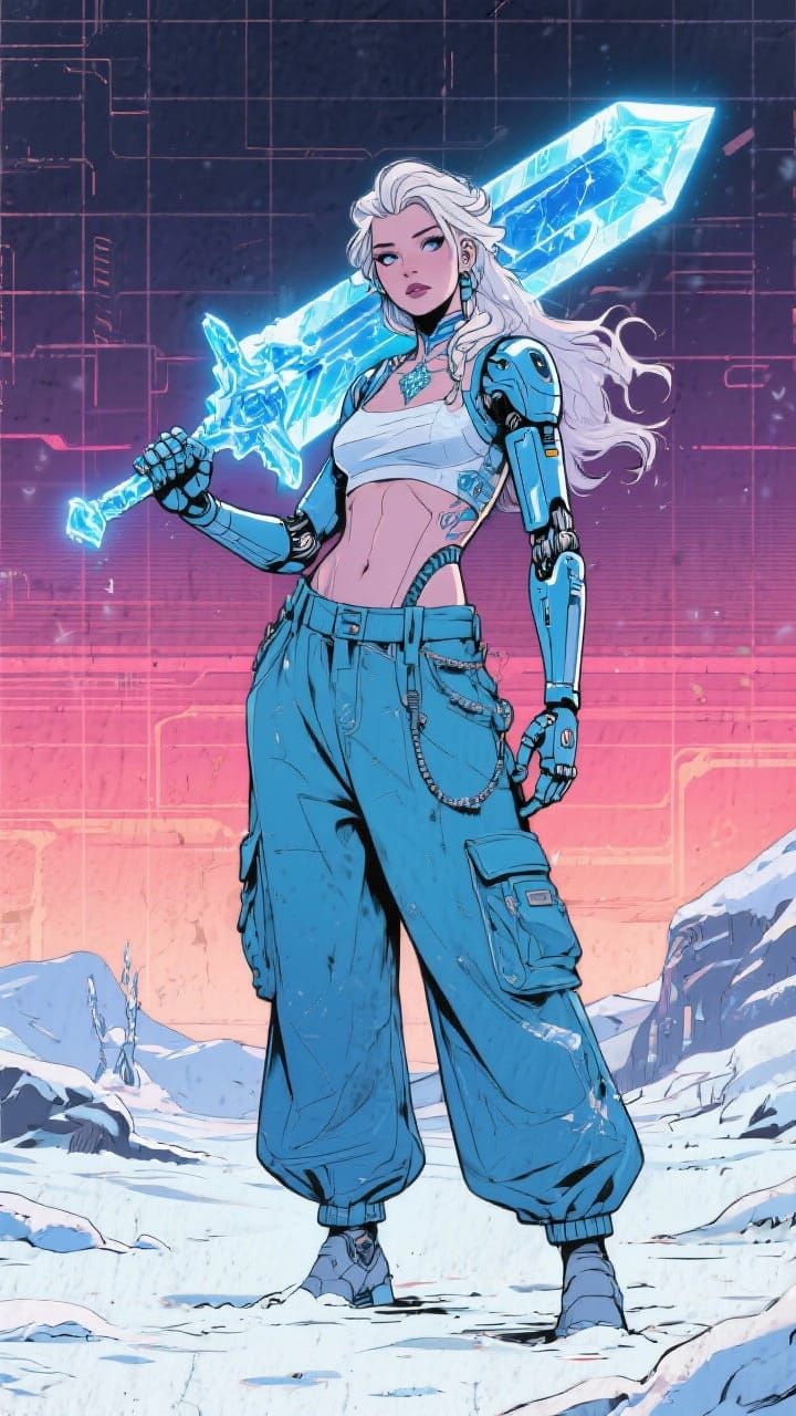Cyberpunk Ice Queen with Great Sword