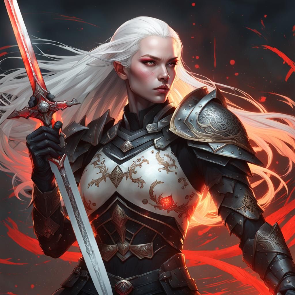 Albino Woman Warrior with Runed Sword, Fantasy Art