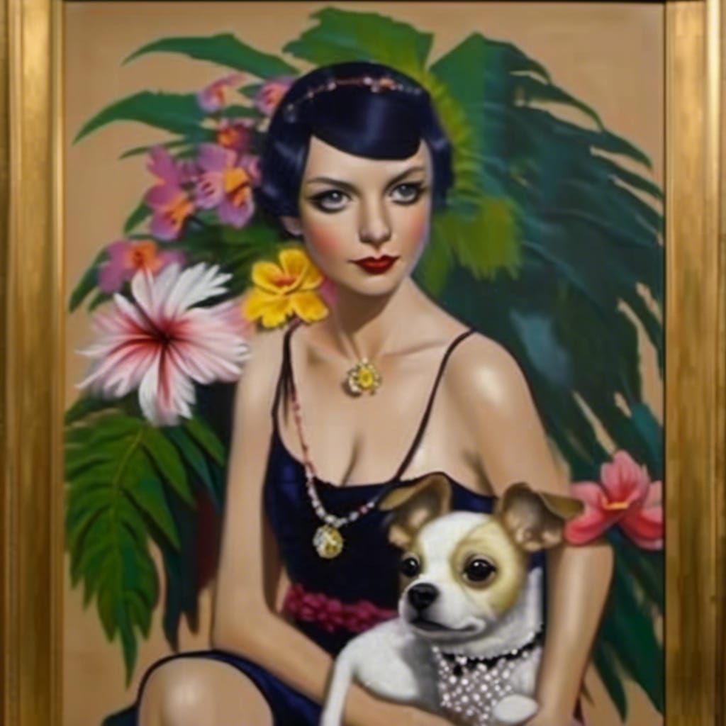 Art Deco Dogs with Diamonds and Tropical Flowers