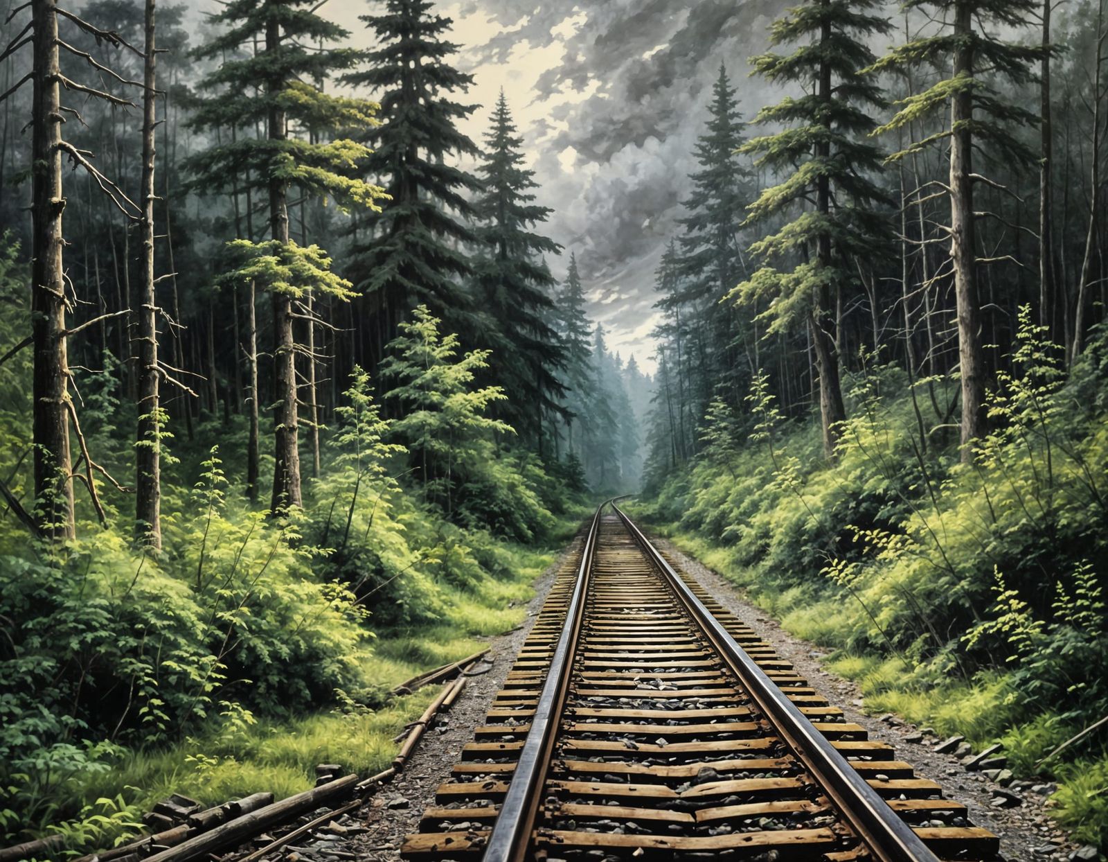 Overgrown Railroad Through Shadowy Forest: Oil Painting