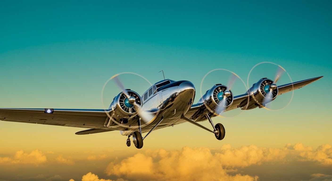 Retro-Futuristic Airplane Flies Through Golden Clouds