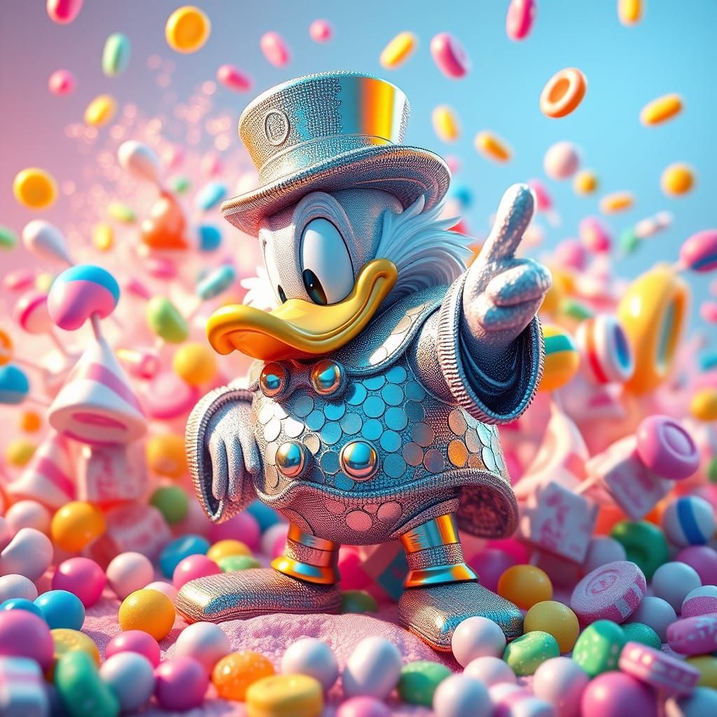 Uncle Scrooge McDuck Statue Made of Dimes in Candyland Style