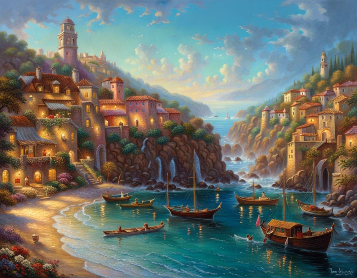 Ethereal Mediterranean Beach Painting in Thomas Kinkade Styl...