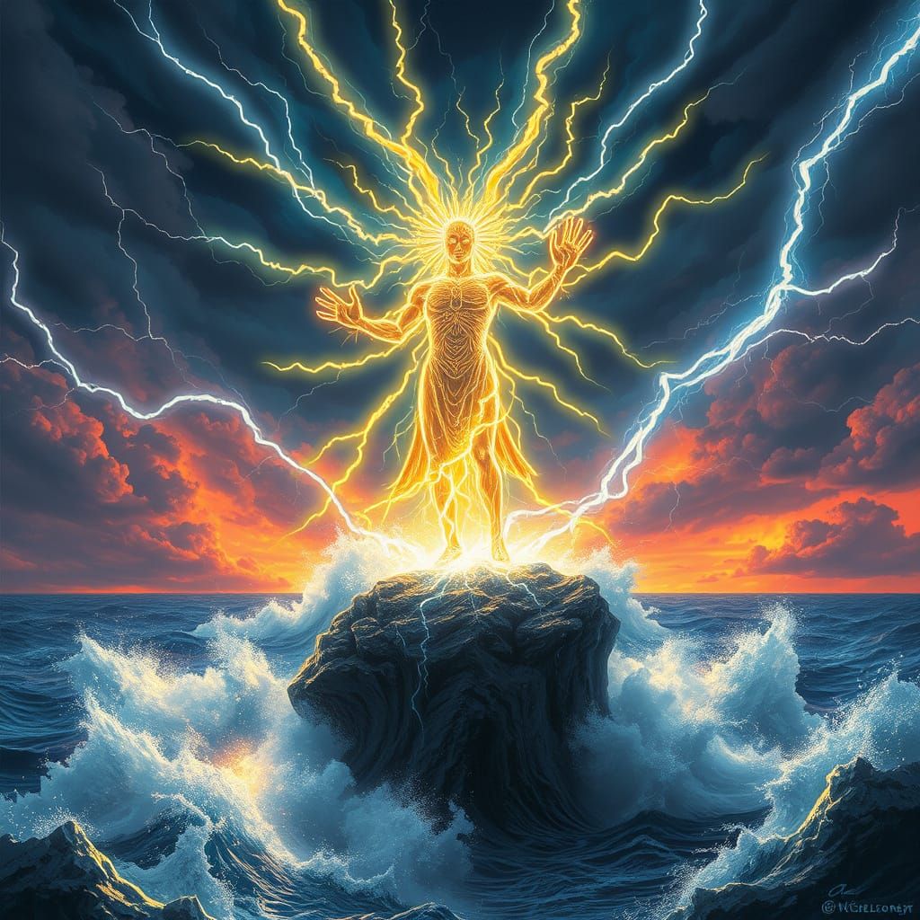 Lightning Deity Commands Stormy Ocean in Cyberpunk Style