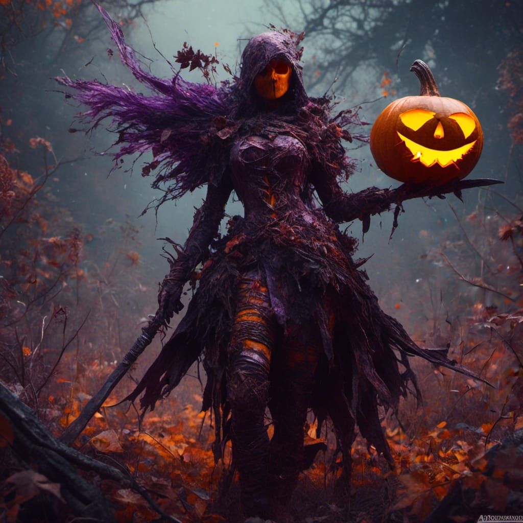 Pumpkin Warrior with Sickle: Dark Fantasy Concept Art