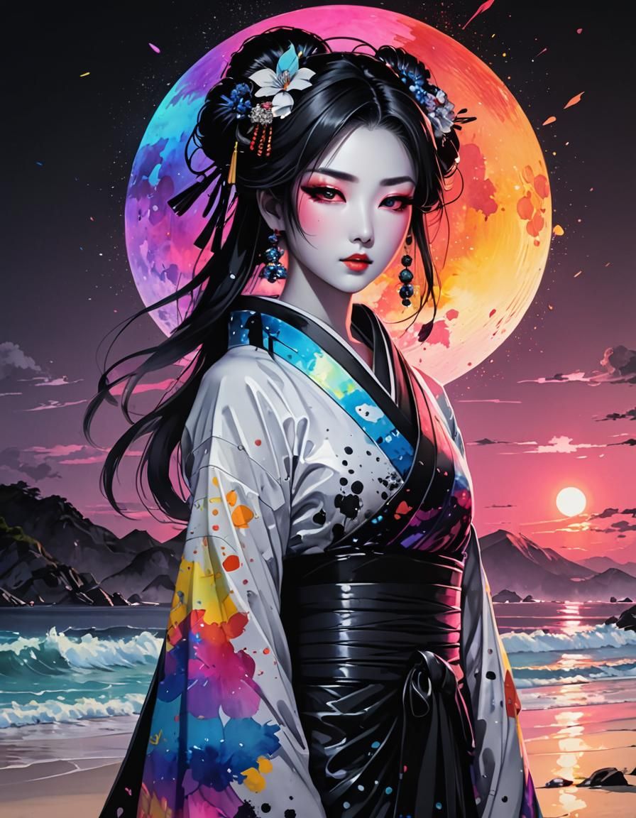 Holographic Geisha at Sunset: Black and White Watercolor