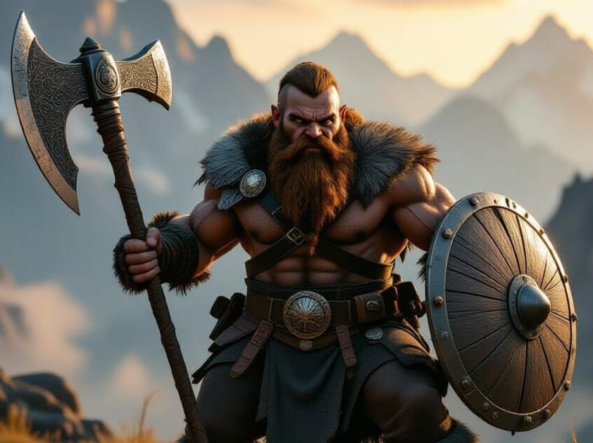 Dwarven Barbarian in Rugged Mountains at Dawn