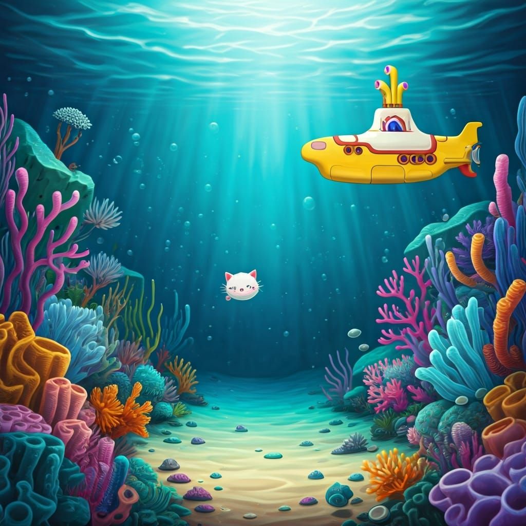 Kawaii Catfish and Submarine in Surreal Turquoise Dream