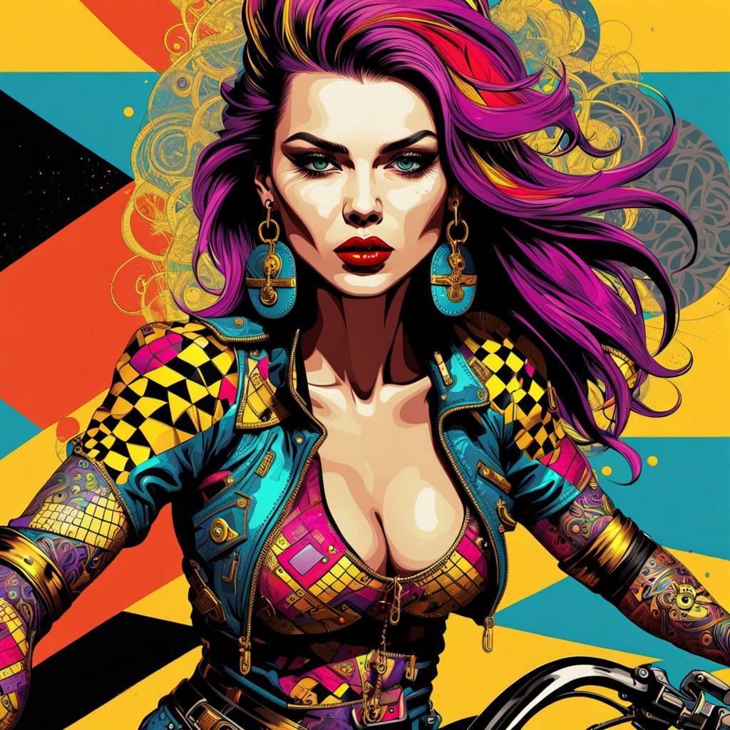 Punk Lady Rides Bobber Bike in Vibrant Pop Art Style