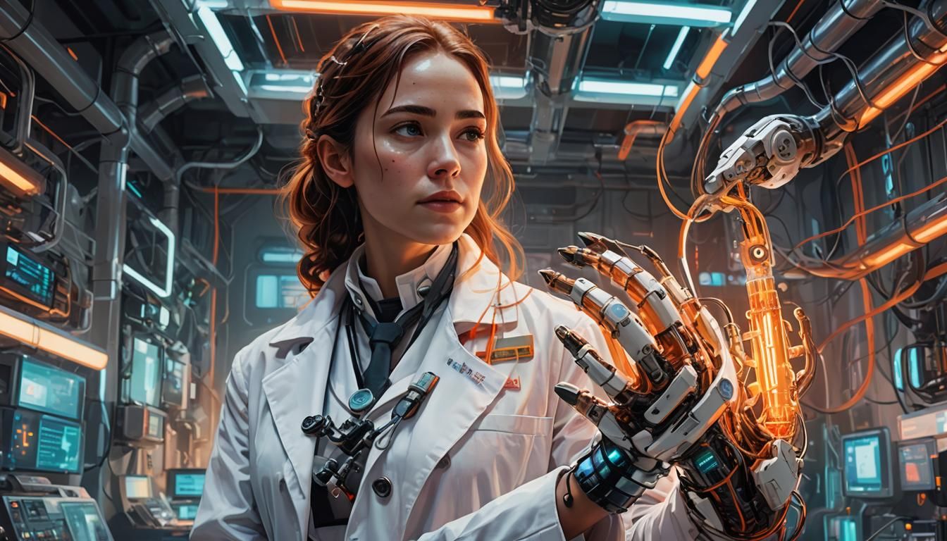 Futuristic Prosthetic Arm Concept Art in Vibrant Oil Paintin...