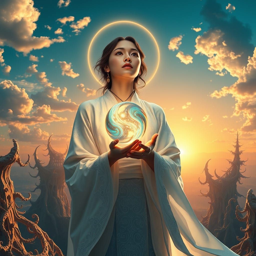 Human-AI Harmony in Vibrant, Ethereal Landscape