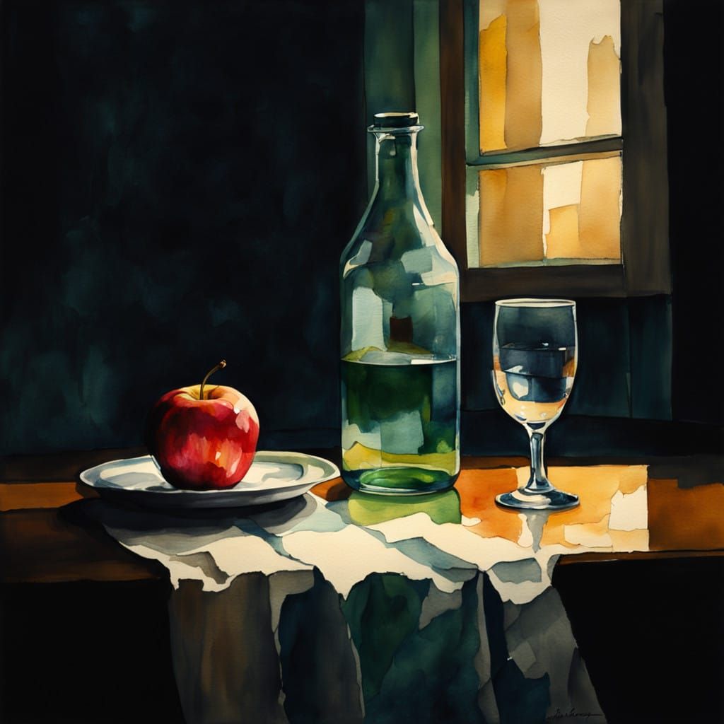 Watercolor, lirical abstraction of Still life of a rather poor, but clean table. A bottle of water, where the glass stan...